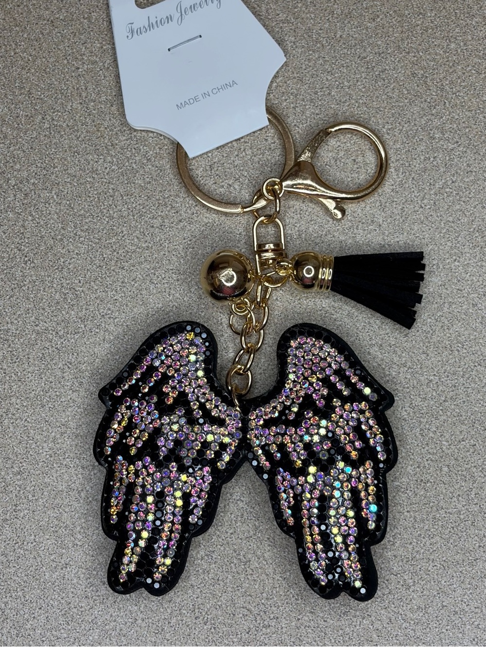 Black Angel Wings Iridescent Rhinestone Keychain / Purse Charm